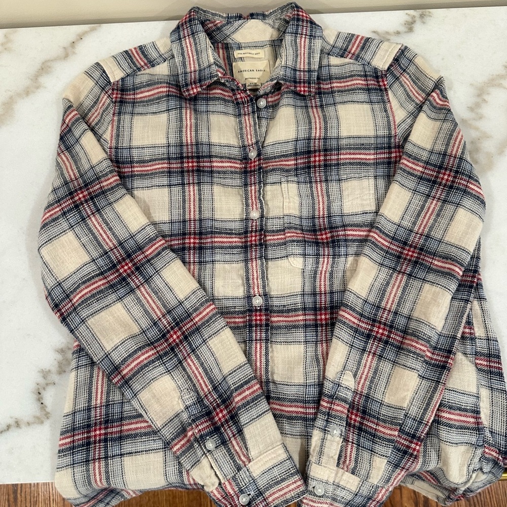 American Eagle Outfitters Plaid Button Down Shirt - Red, Blue, Cream